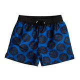 Navy and black sand dollar print kids swim shorts in eco-friendly dyed greige polyester with elasticated drawstring waist.