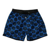 Mens navy blue swim shorts with a black sand dollar pattern, featuring a black drawstring waistband and chlorine-protected metal toggles.