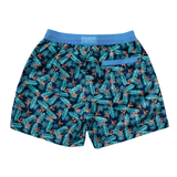 Mens Navy swim shorts with a green leaf and orange flower repeat pattern with blue waistband and zip back pocket
