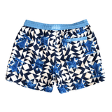 Mens blue and white geo pattern swim shorts with ice cream cone print in eco-friendly greige polyester. featuring a blue drawstring waistband and Thomas Royall logo on the back.