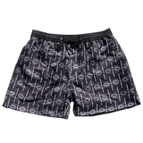 Black Label edition mens swim shorts in black with a white geometric repeat patter. Complete with black waistband and chlorine resistant metal branded toggles