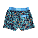 Navy Blue boys swim shorts with tropical green leaf pattern & orange flowers on a Navy background and a blue adujustable waistband with brand Logo on the back