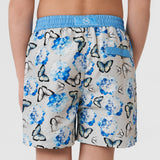 Silver grey boys swim shorts with blue butterfly pattern blue waistband