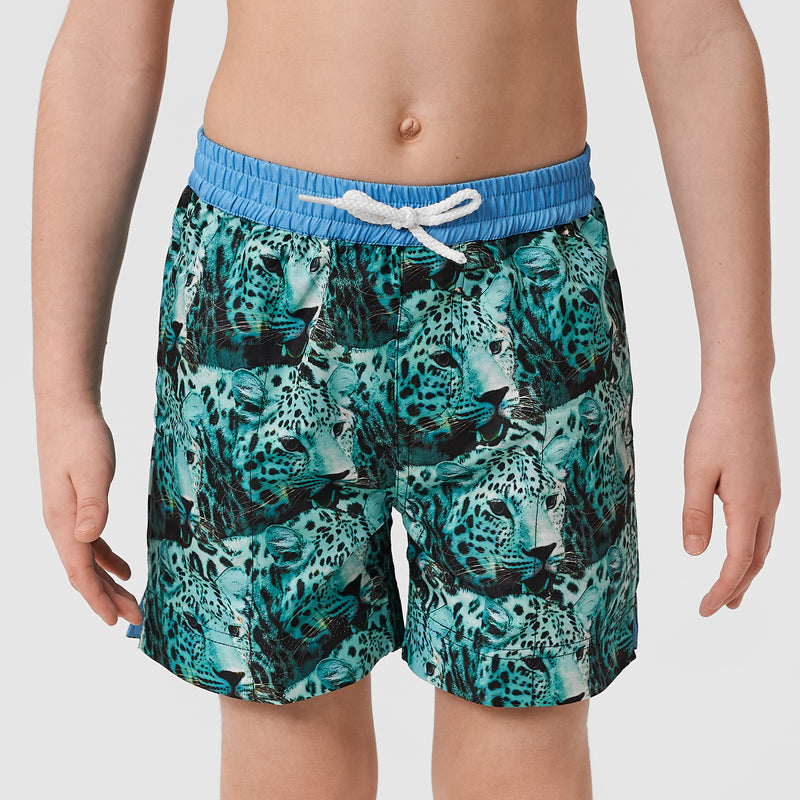 Blue green and black leopard print swim shorts with blue waistband in matching mens and boys