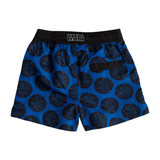 Navy and black sand dollar print kids swim shorts in eco-friendly dyed greige polyester with secure velcro back pocket and brand logo on the back