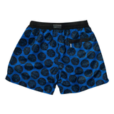 Mens navy blue swim shorts with a black sand dollar pattern, featuring a black drawstring waistband and chlorine-protected metal zip to secure the back pocket