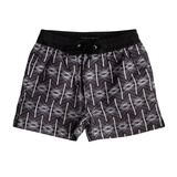 Black Kids swim shorts with white geometric pattern on a black background with black elasticated and drawstring waistband