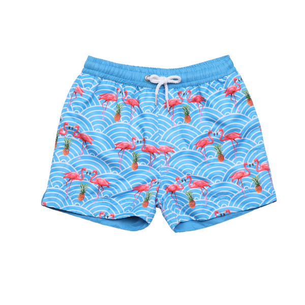Blue Geo Flamingo Kid's Swim Shorts