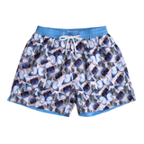 Butterfly patterned swim shorts in pale-silver-lavender with light blue and navy butterflies. featuring a blue drawstring waistband and chlorine-protected metal toggles.Printed using ocean friendly process