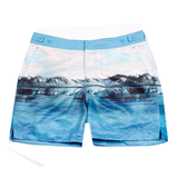 Our smart tailored fit 'George' swim short features a photographic 'Arctic' blue iceberg digital print design & signature Thomas Royall azure blue waistband