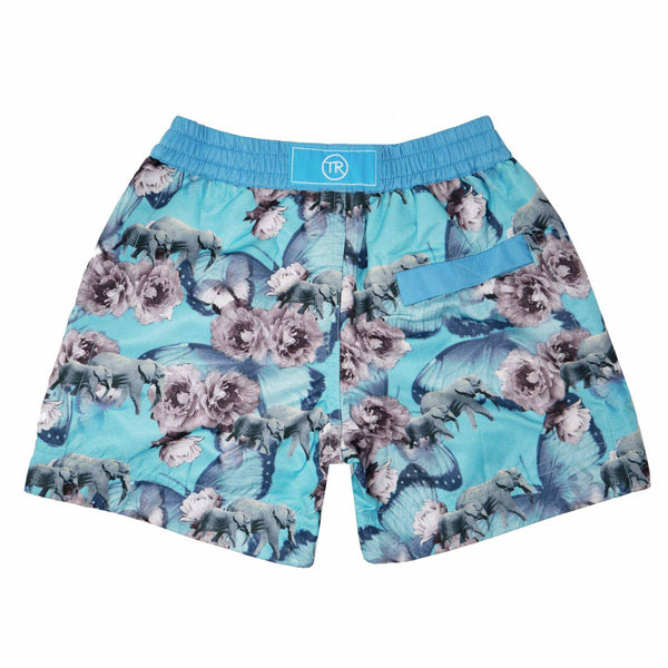 Our playful Thomas Royall 'Africa' kids swim shorts showcases an elephant and butterfly design.