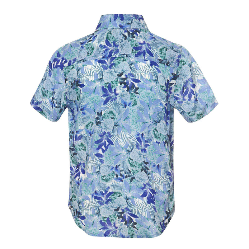 boys beach shirt in pale blue and green floral pattern