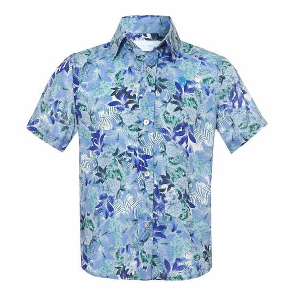 boys beach shirt sin oft blue and white floral leaf design