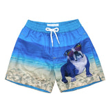 Beach Bulldog' kids shorts showcasing an iconic French dog and beach scene. This 'Luca' style features our signature Thomas Royall blue waistband.