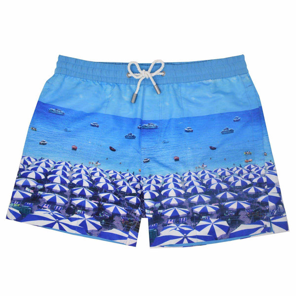 The 'Bondi Beach' shorts showcasing a parasol umbrella holiday design. This 'Luca' style features our signature Thomas Royall blue waistband with a relaxed day to night fit.