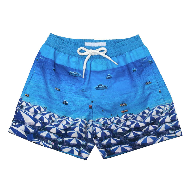 Bondi Beach' kids shorts showcasing a parasol umbrella holiday design. This 'Luca' style features our signature Thomas Royall blue waistband.