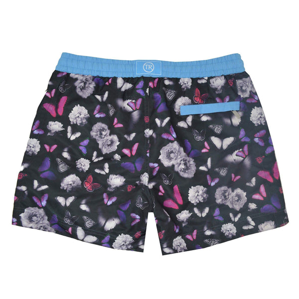 Costa Rica' kids shorts showcasing a our contrasting signature butterfly design. This 'Luca' style features our signature Thomas Royall blue waistband with a relaxed day to night fit.