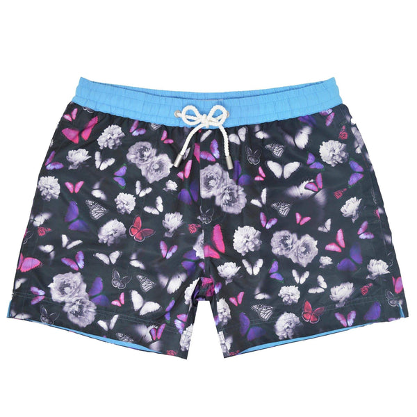 Costa Rica' kids shorts showcasing a our contrasting signature butterfly design. This 'Luca' style features our signature Thomas Royall blue waistband with a relaxed day to night fit.