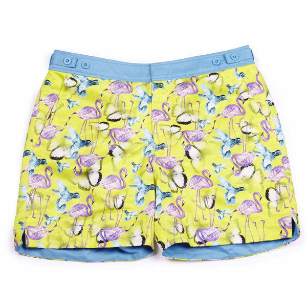 Colourful 'Jamaica' yellow shorts featuring a flamingo, bird and butterfly design. This 'George' fit features our signature Thomas Royall blue waistband with a smart tailored fit.