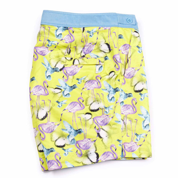 Colourful 'Jamaica' yellow shorts featuring a flamingo, bird and butterfly design. This 'George' fit features our signature Thomas Royall blue waistband with a smart tailored fit.