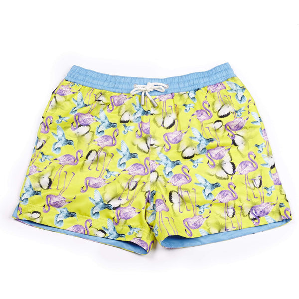 Colourful 'Jamaica' kids shorts featuring a flamingo, bird and butterfly design. The 'Luca' fit features our signature Thomas Royall blue waistband with a relaxed day to night fit.
