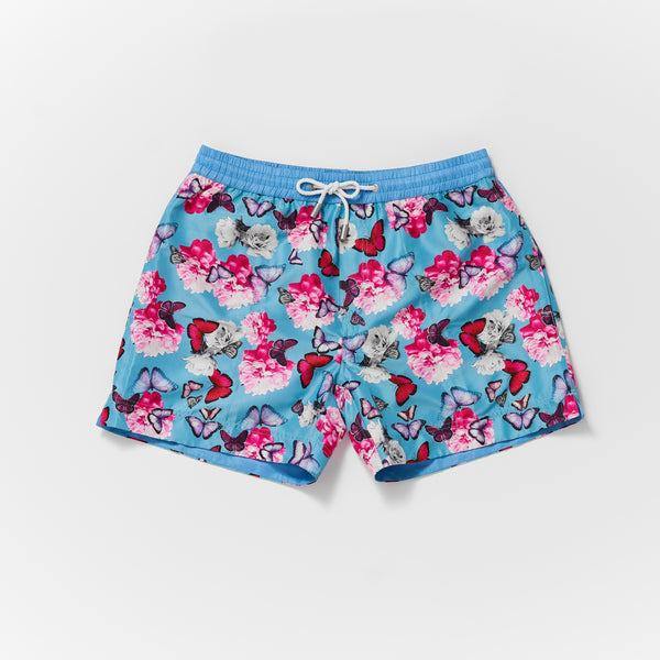 Matching mens and boys Thomas Royall swim short in Blue with pink butterfly pattern