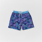 Matching father and son Thomas Royall swim short in dark purple and violet with green leaf pattern