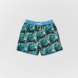 Blue green leopard print swim shorts with blue waistband in matching mens and boys