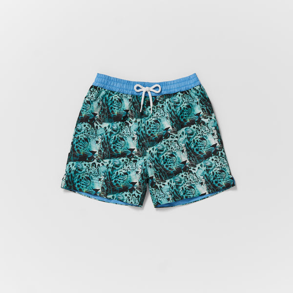 Blue green leopard print swim shorts with blue waistband in matching mens and boys
