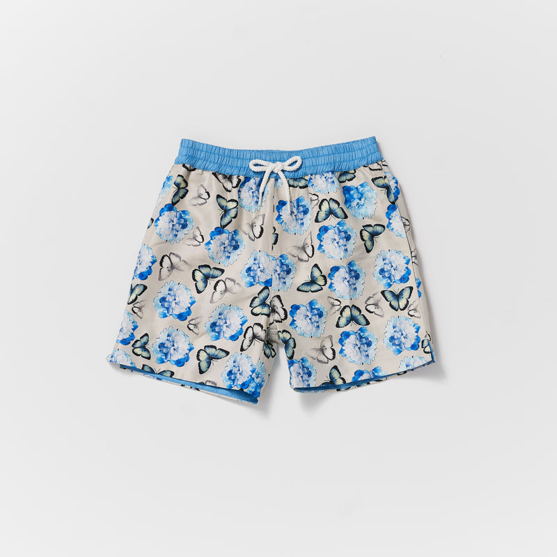 Matching mens and boys Thomas Royall swim short in silver grey with blue butterfly pattern and blue waistband