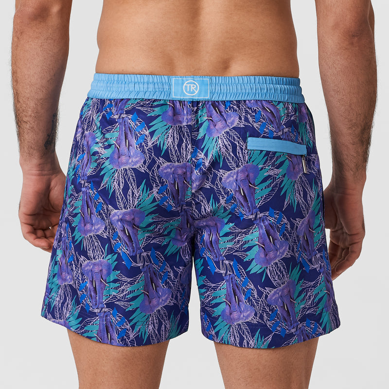 Thomas Royall dark purple elephant swim shorts with green leaf pattern signature blue waistband and logo detail