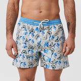 Grey mens swim shorts with blue butterfly pattern and blue waistband