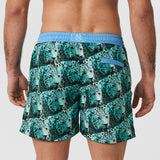 Thomas Royall mens and boys matching swimwear featuring extinct Asia leopard design in blue green