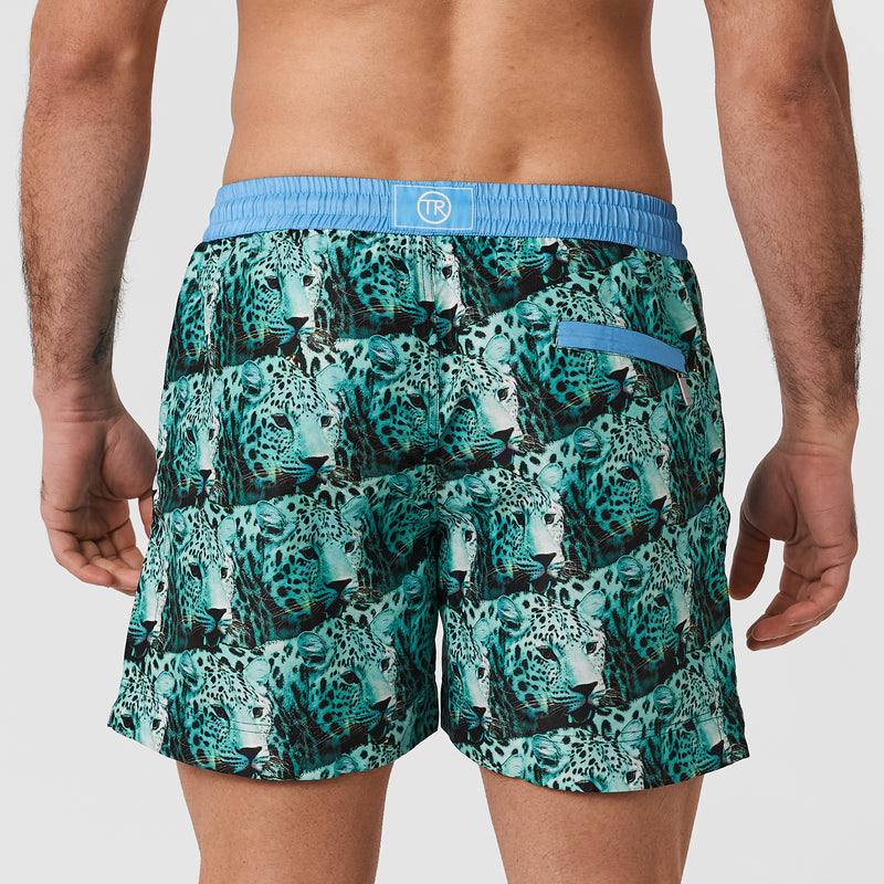 Thomas Royall mens and boys matching swimwear featuring extinct Asia leopard design in blue green