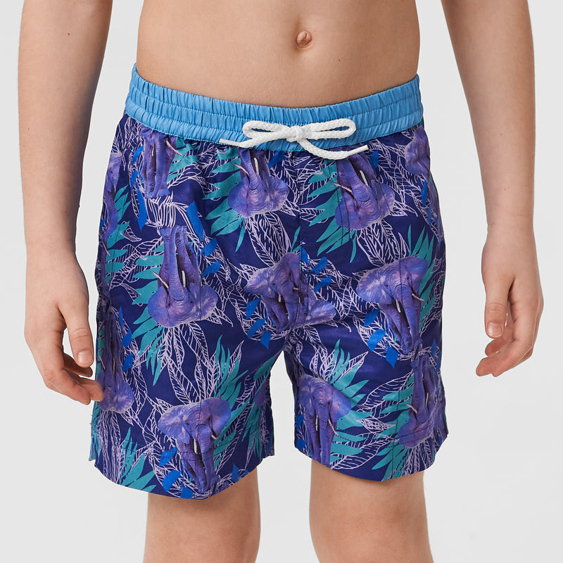 Young boy model wearing Thomas Royall dark purple swim shorts with green leaf pattern