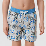 grey swim shorts with blue and grey butterfly pattern and blue waistband