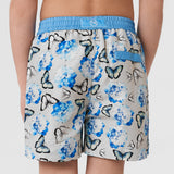 Silver grey boys swim shorts with blue butterfly pattern blue waistband 