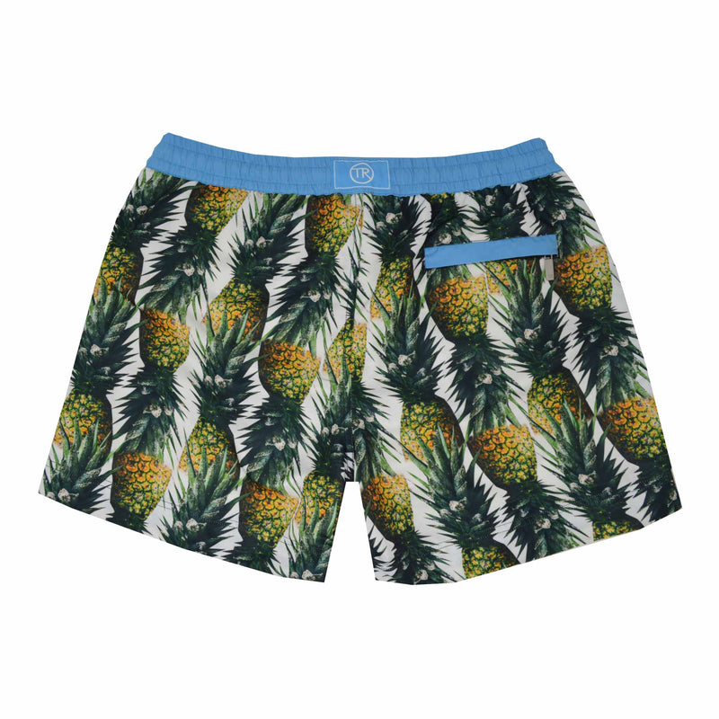 Our 'Montego' shorts showcasing a fruity pineapple design. This 'Luca' style features our signature Thomas Royall blue waistband with a relaxed day to night fit.