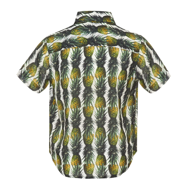 Our 'Montego' kids shirt showcasing a fruity pineapple design. Style this shirt with matching 'Montego' shorts for both kids and adults.
