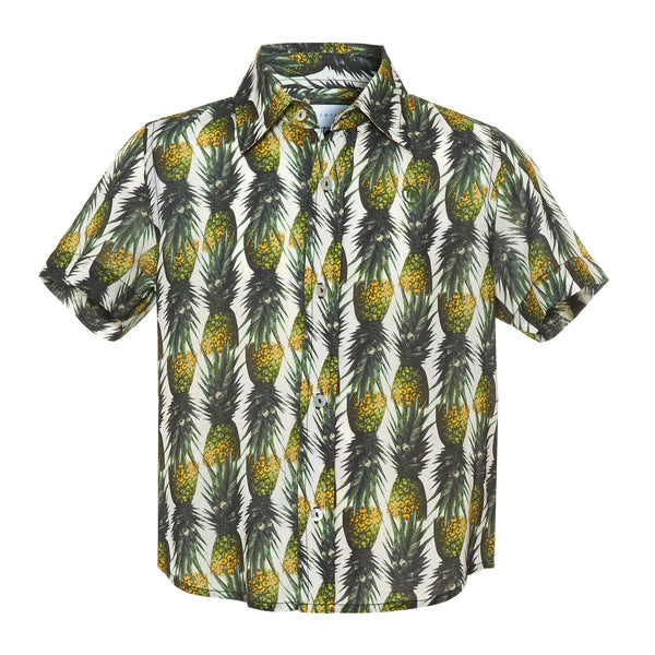 Our 'Montego' kids shirt showcasing a fruity pineapple design. Style this shirt with matching 'Montego' shorts for both kids and adults.