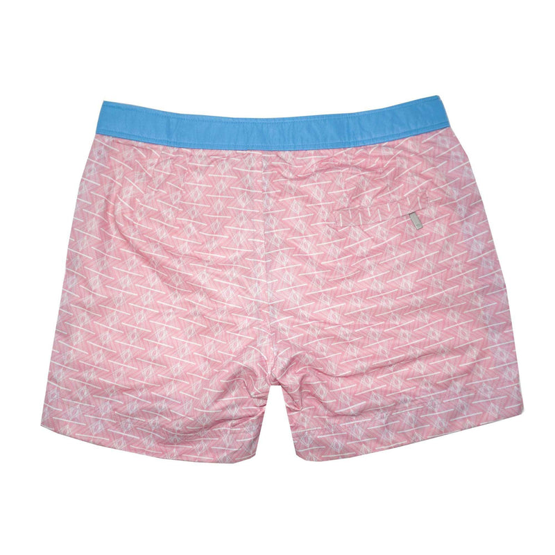 Our geometric 'Queensland' shorts in pink and white. The 'George' fit features our signature Thomas Royall blue waistband with a smart tailored fit.