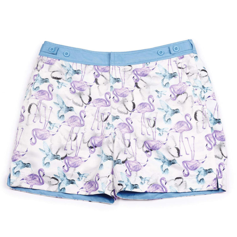 The 'Thailand' shorts featuring a butterfly, flamingo and bird design. This 'George' fit features our signature Thomas Royall blue waistband with a smart tailored fit.