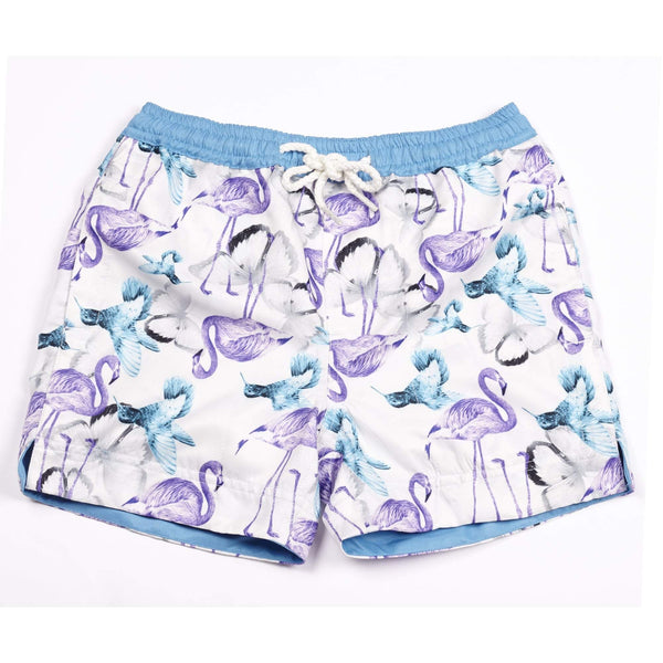 Our 'Thailand' kids shorts featuring a flamingo and butterfly overlay design.