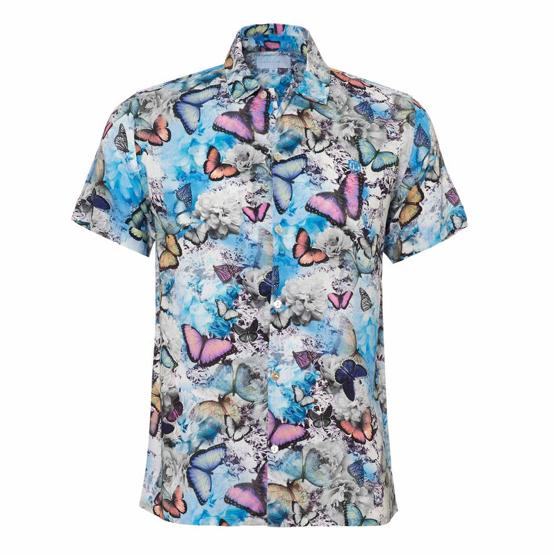The 'Tropical' mens shirt showcasing a our signature butterfly design. Style this shirt with matching 'Tropical' shorts for both kids and adults.