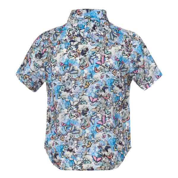 Our sell out 'Tropical' patterned kids shirt showcasing a our signature butterfly design Style this shirt with matching 'Tropical' shorts for both kids and adults.