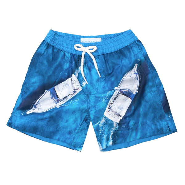 Vancouver' kids shorts showcasing a dual speed boat design. This 'Luca' style features our signature Thomas Royall blue waistband with a relaxed day to night fit.